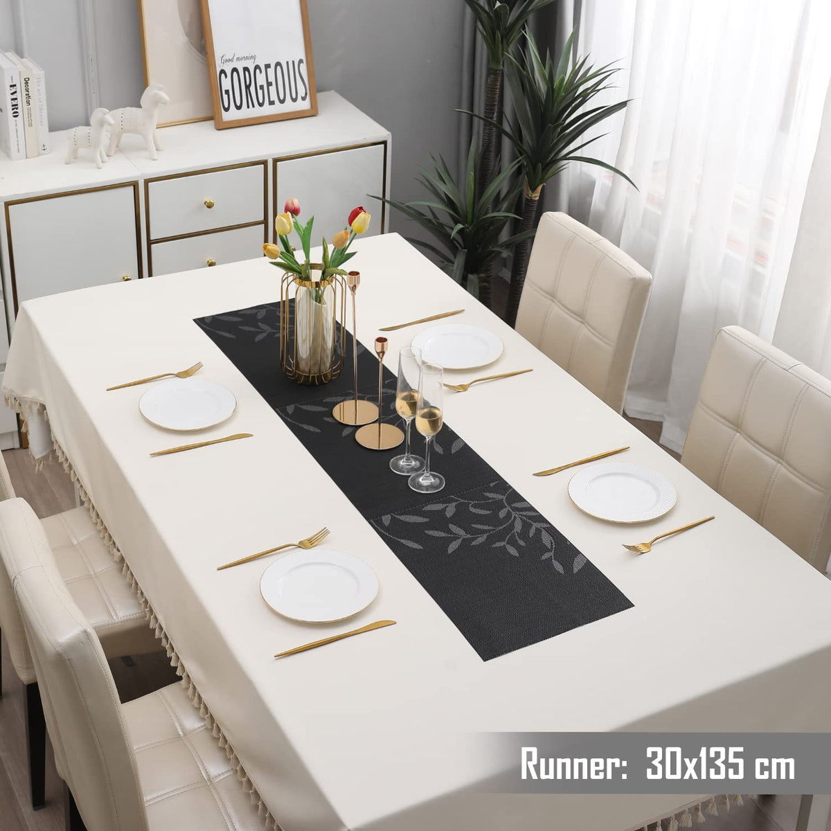 Buy Black Leaves Colour PVC Table Runner for 4 Seater (30x135cm) | HOKIPO