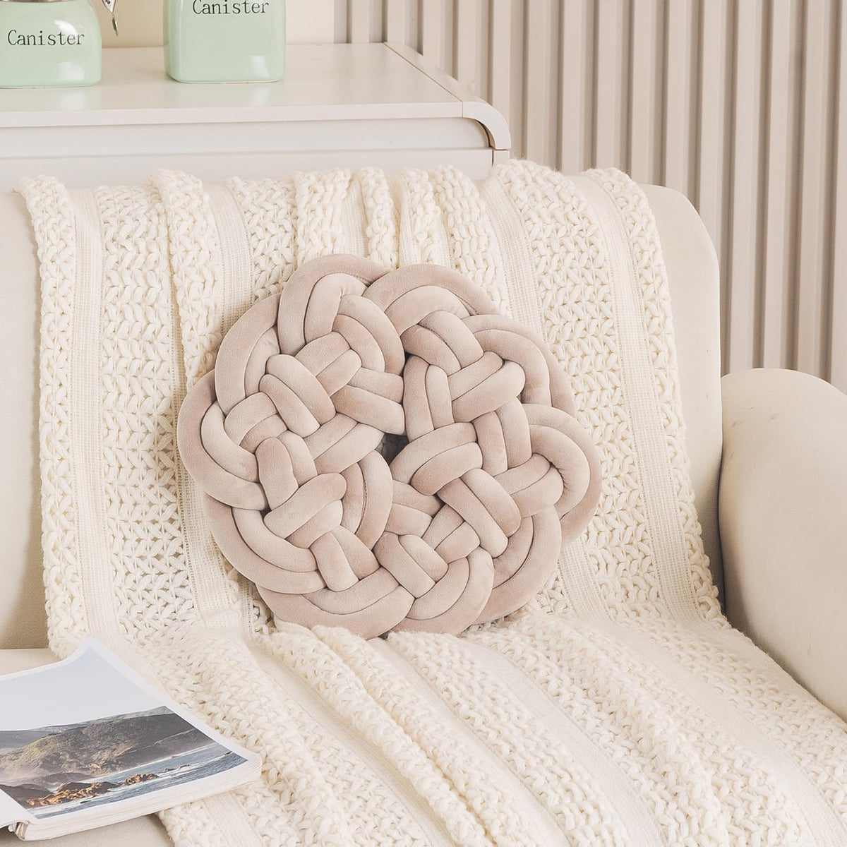 HOKIPO Round Braided Knot Cushion for Bed, Couch & Chair, 36 cm, Beige