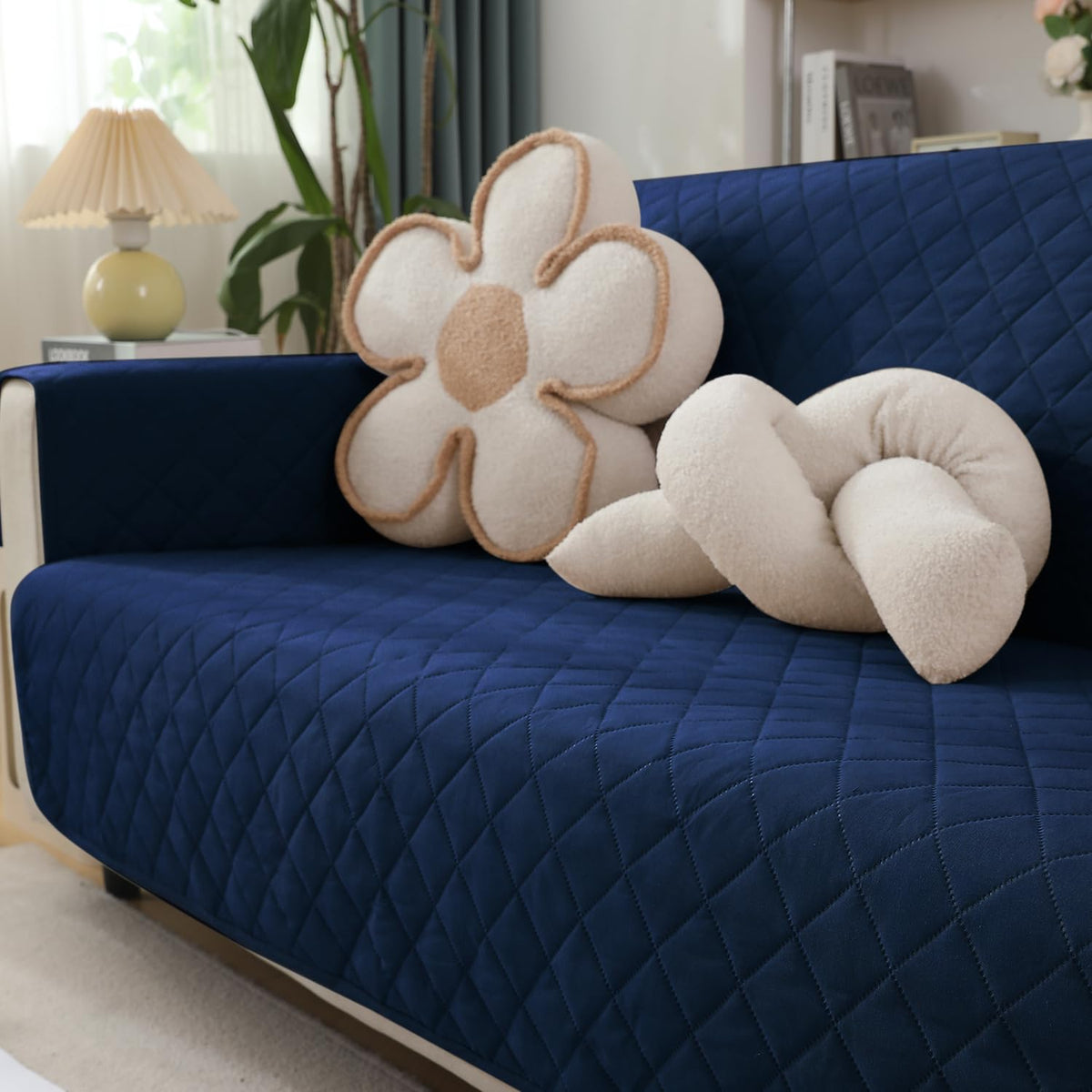 Stylish Navy Blue Colour Quilted Waterproof Sofa Cover | Hokipo
