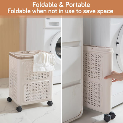 HOKIPO Foldable Laundry Basket with Wheels for Clothes, Toys & More - Beige