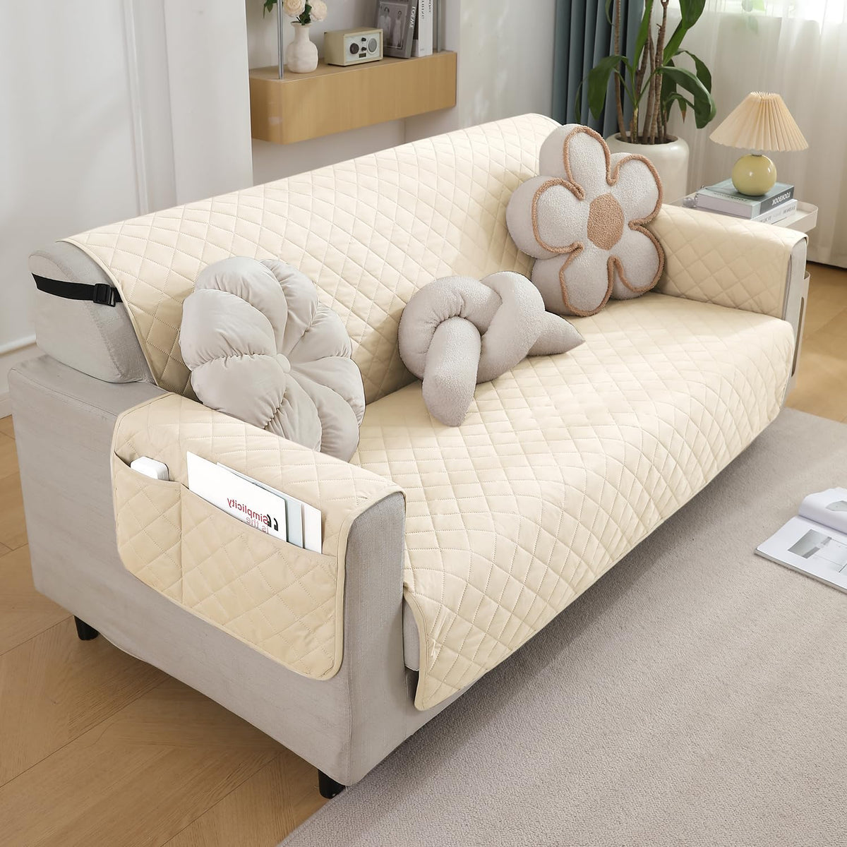 Cream Colour Quilted Sofa Cover | Non Slip with Side Pockets