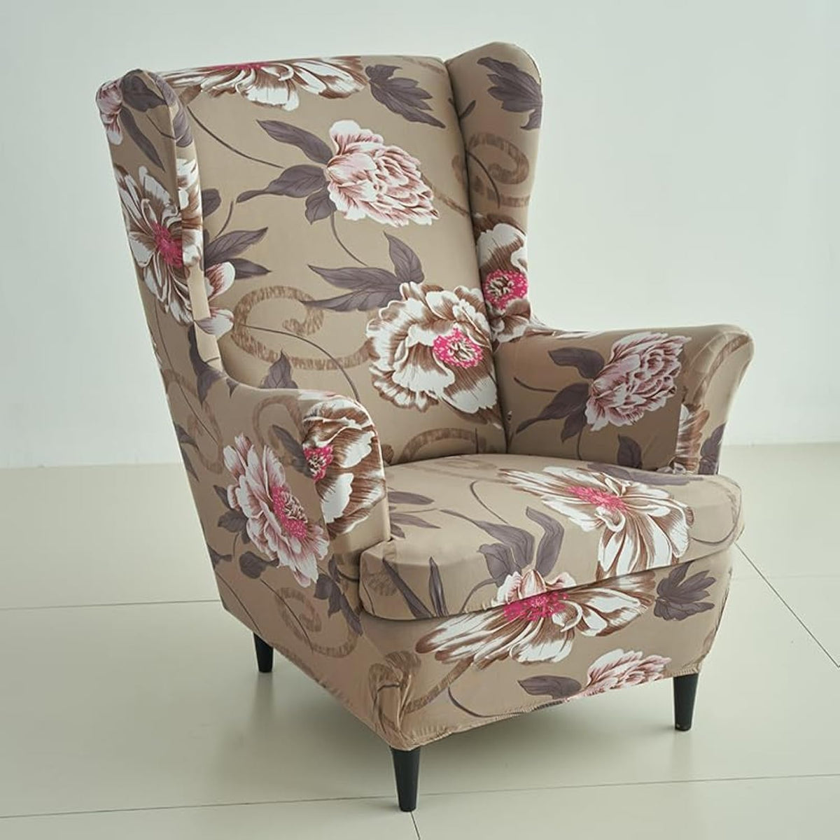 Buff Brown Geum Print Polyester Elastic Wing Chair Cover