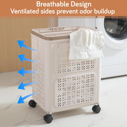 HOKIPO Foldable Laundry Basket with Wheels for Clothes, Toys & More - Beige
