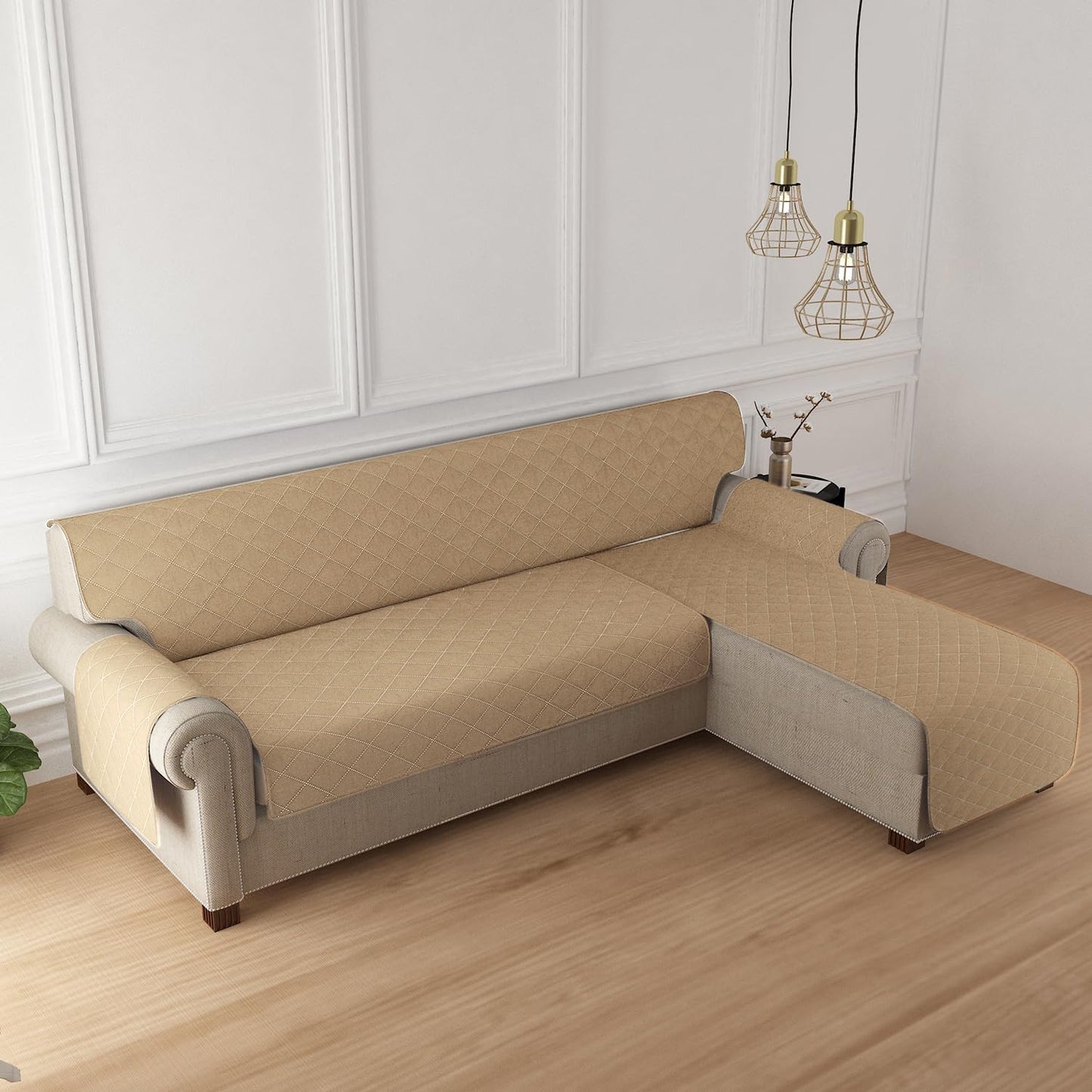 HOKIPO Quilted Reversible One Piece L Shape 4/5/6 Seater Sofa Cover Mat, Camel