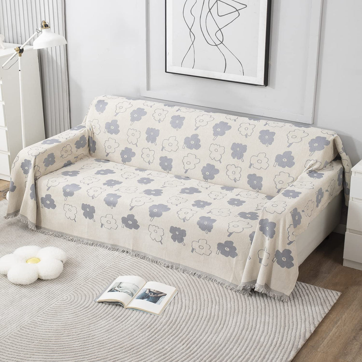off white floral print chenille sofa throws, machine washable, & available for 1, 2, 3 seater sofas
