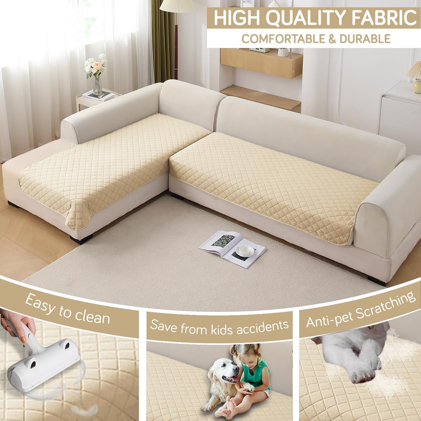HOKIPO Waterproof Quilted Quick Dry L Shape Sofa Seat Cover Mat, Beige