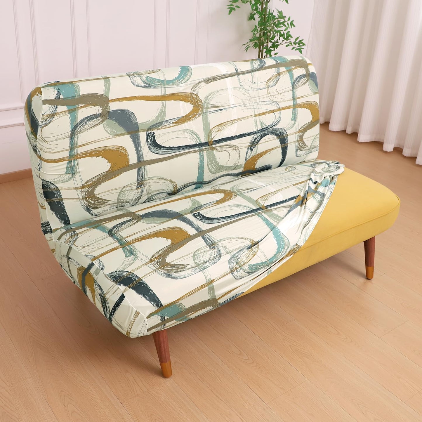 Elira Series Stretchable Elastic Armless Sofa Cover – 140 GSM, Futon Slipcover, Easy Fit, Parchement Beige Abstract Art