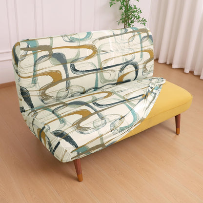 Elira Series Stretchable Elastic Armless Sofa Cover – 140 GSM, Futon Slipcover, Easy Fit, Parchement Beige Abstract Art