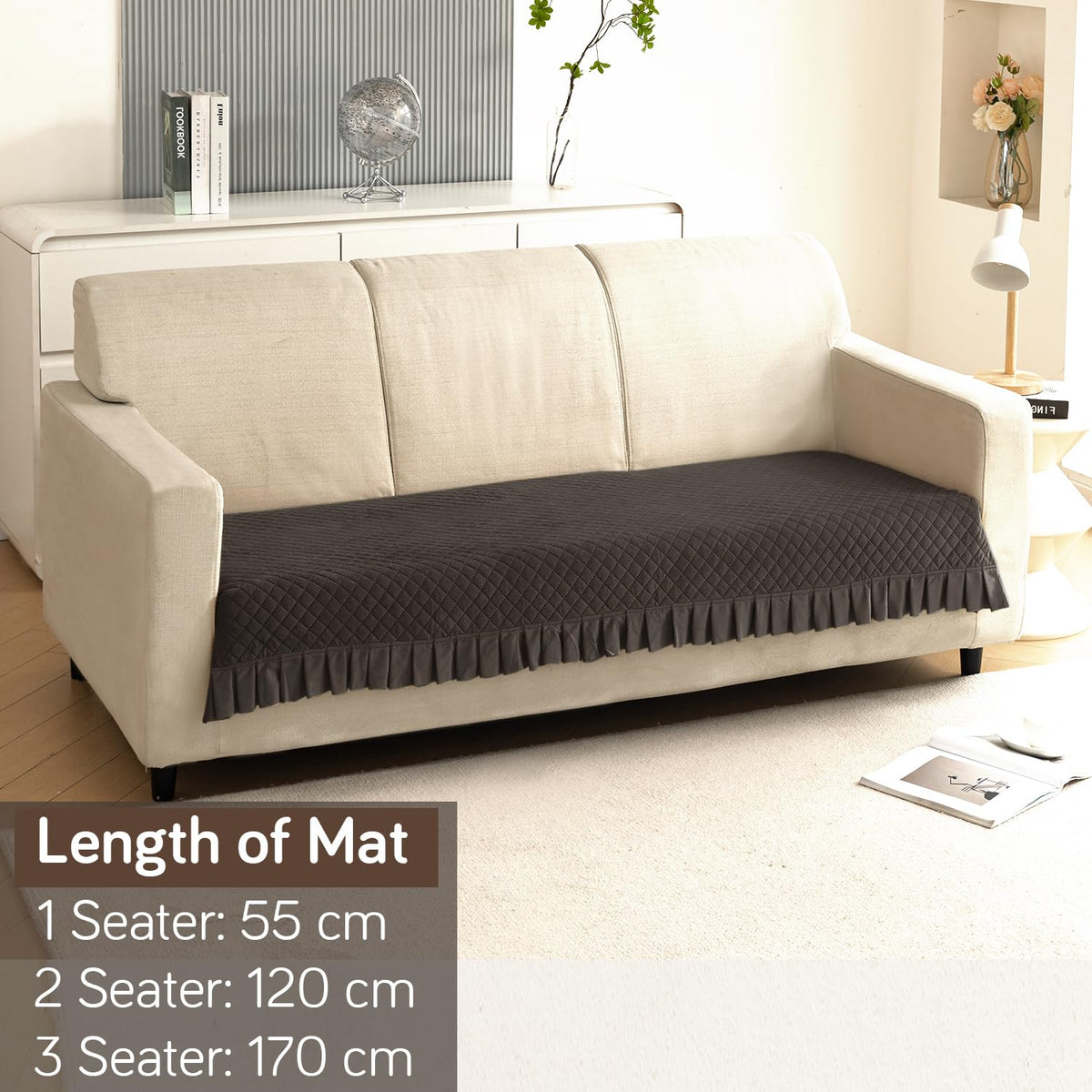 Holland Velvet Sofa Cover Seat Mat with Frill for 1/2/3 - Seater, Dark Grey