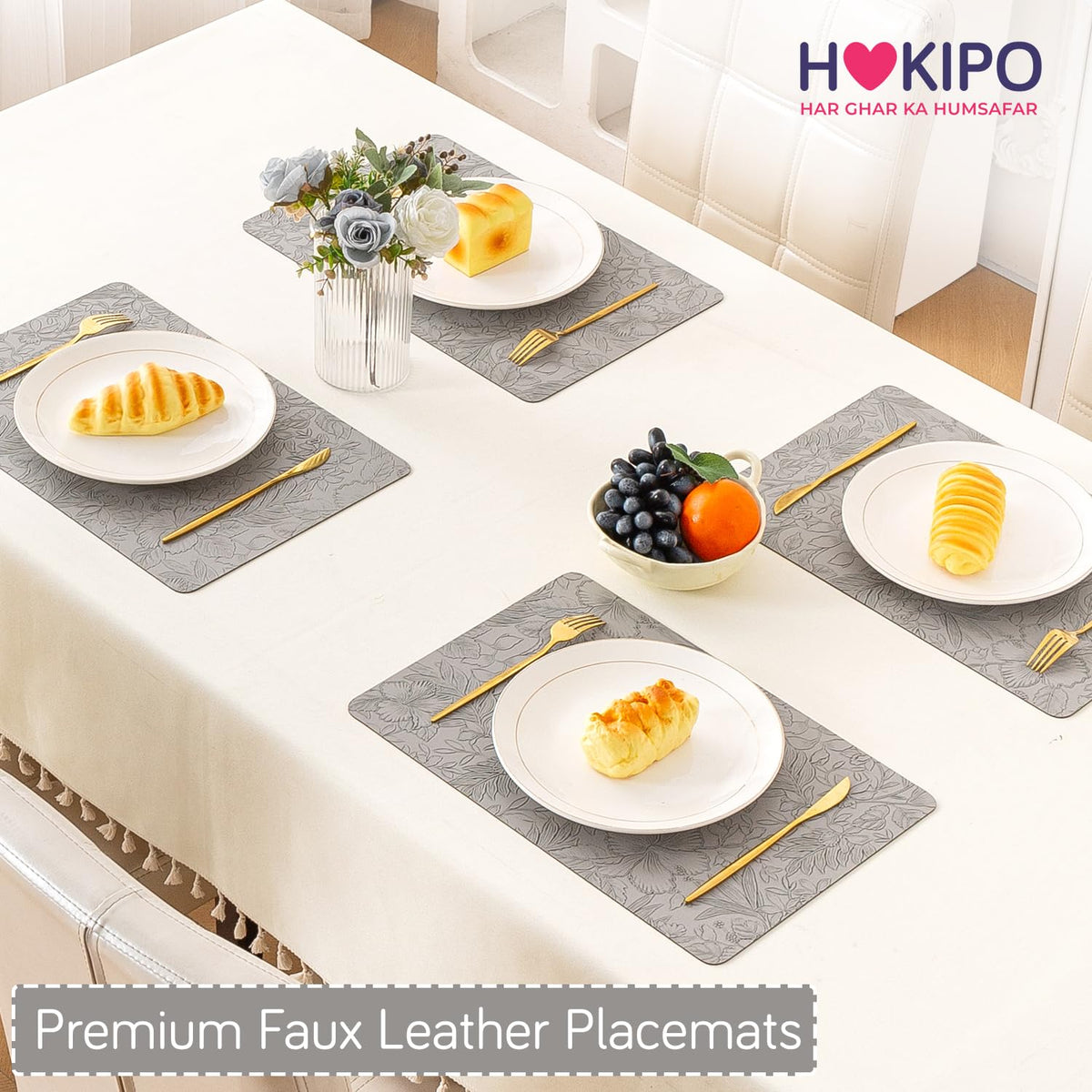 Hibiscus Bloom Washable Leather Mats for Dining Table - Stone Grey