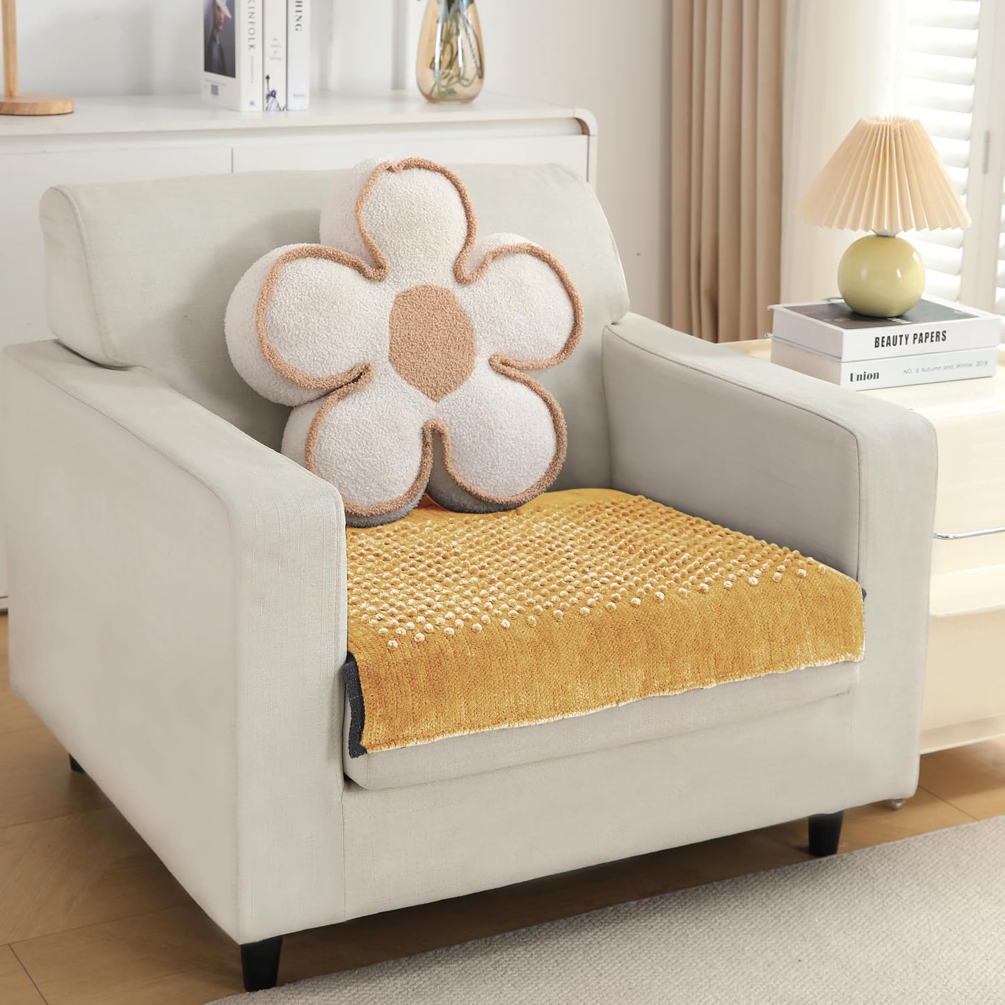 Handloom Made Thick Poly Velvet Reversible Sofa Mat for 1/2/3 Seater, Buff Cream