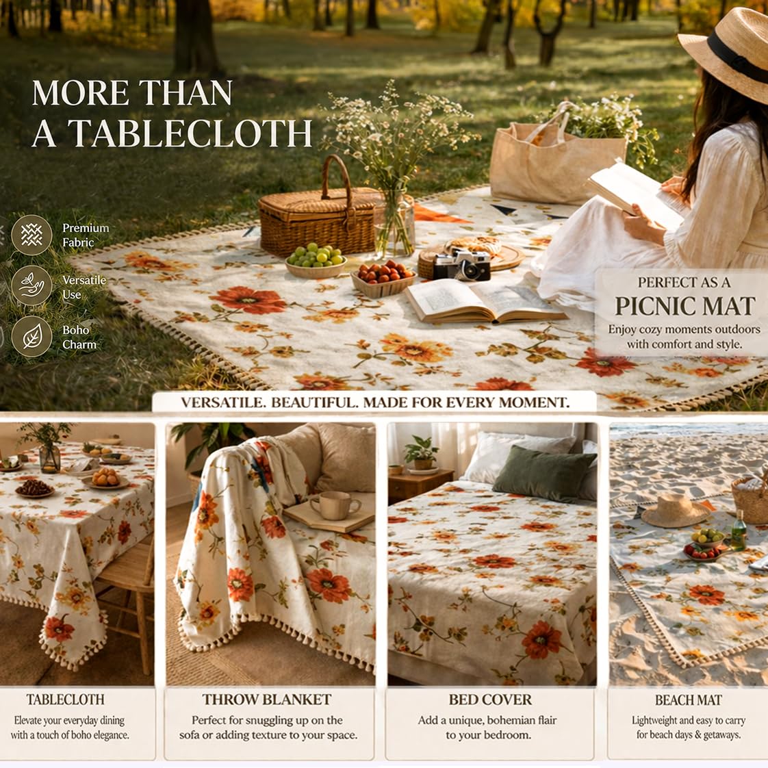 HOKIPO ShieldQuilt Table Cloth with Tassel Edge for 4/6 Seater, Poppy Beige - image 6