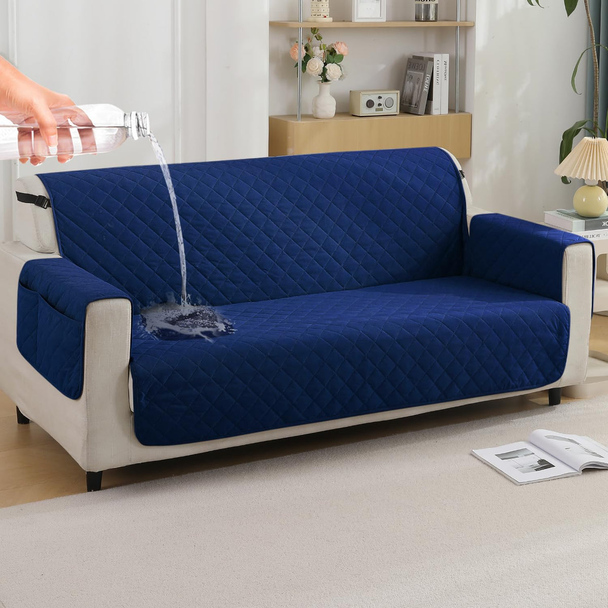Navy Blue colour 2 seater quilted waterproof sofa cover | Hokipo