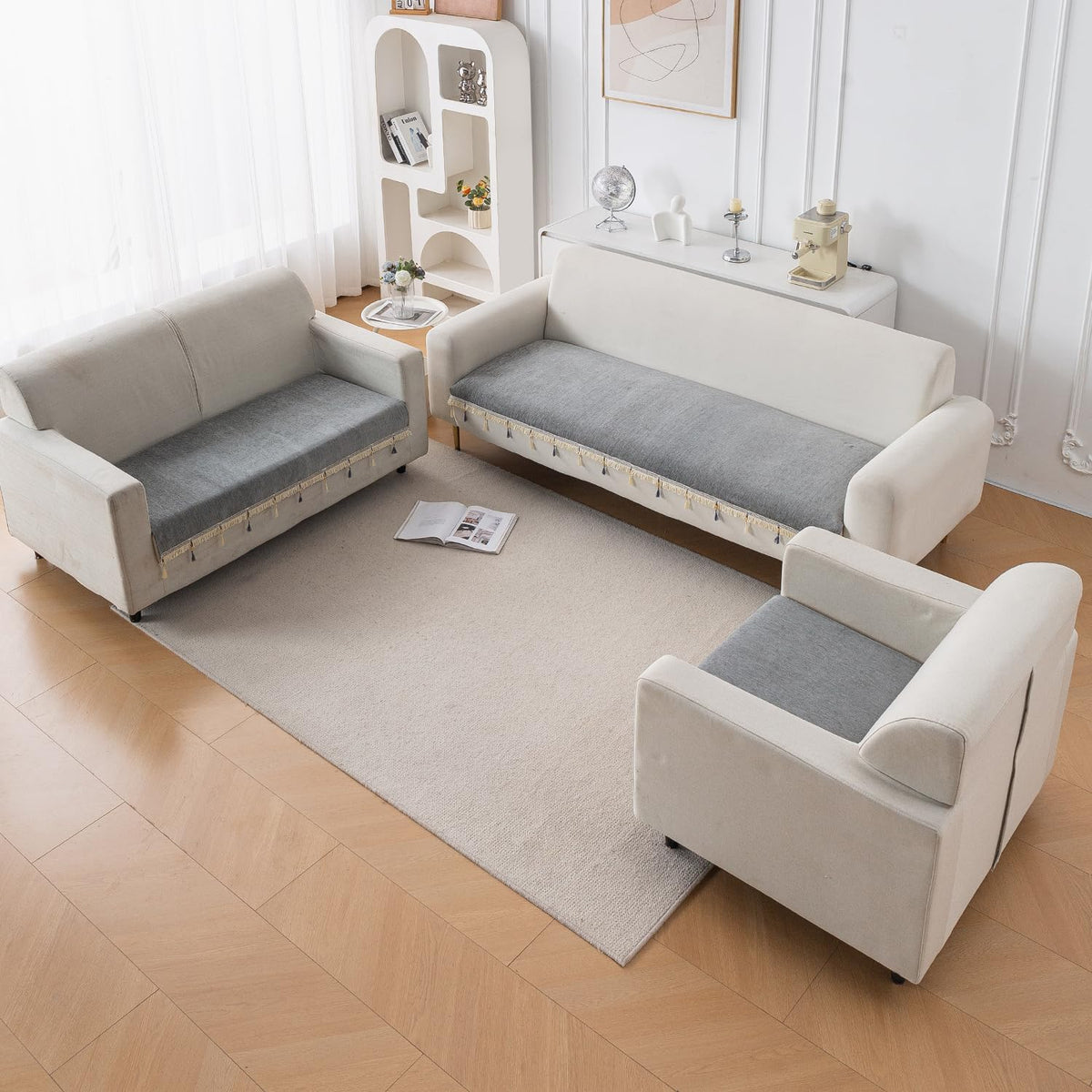 Serenity Tassel Chenille Sofa Cover with Tassel – Glacier Silver
