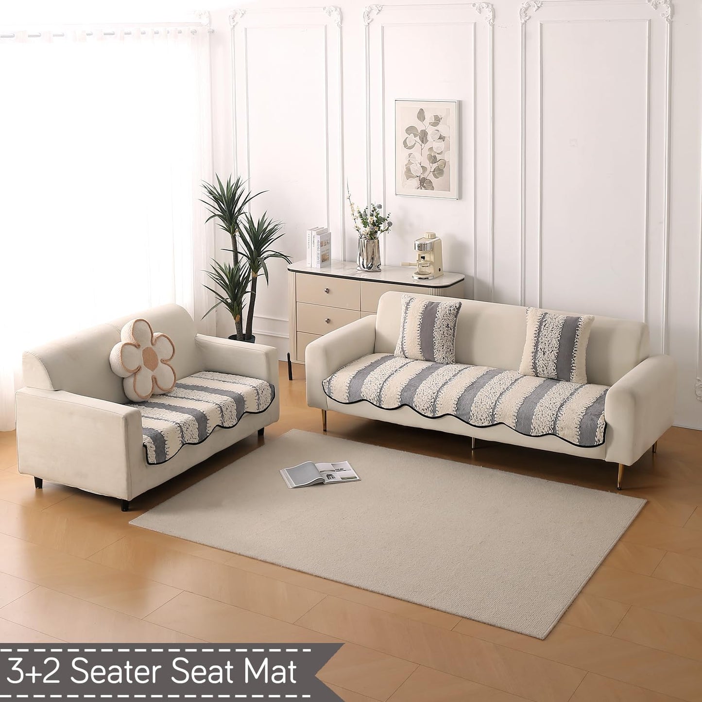 Luxury Wavy Anti Slip Plush Sofa Cover Mat, Pewter Grey