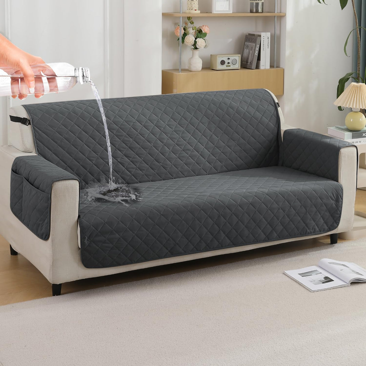 Grey colour 3 seater quilted waterproof sofa cover | Hokipo