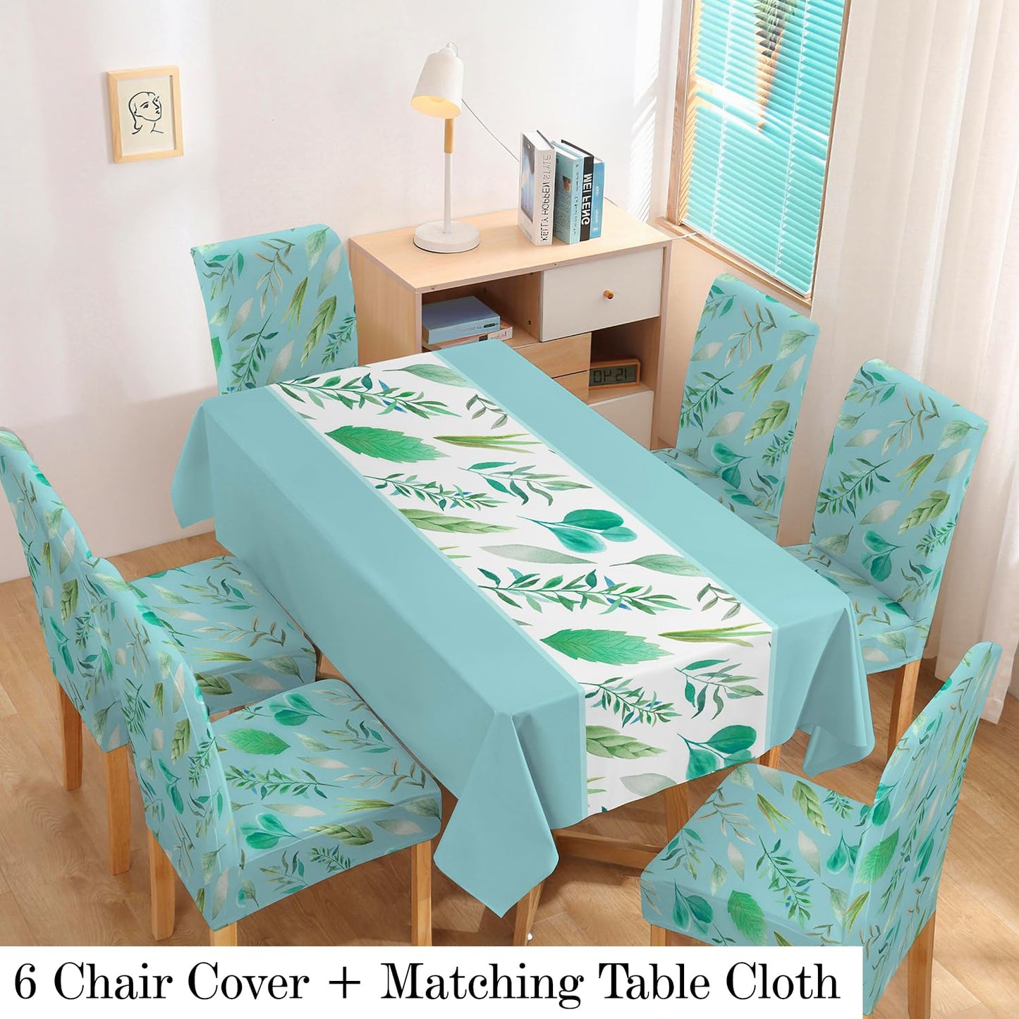 Polyester Dining Chair Covers Set of 4/6 with Matching Tablecloth, Varied Leaves Rhine Blue