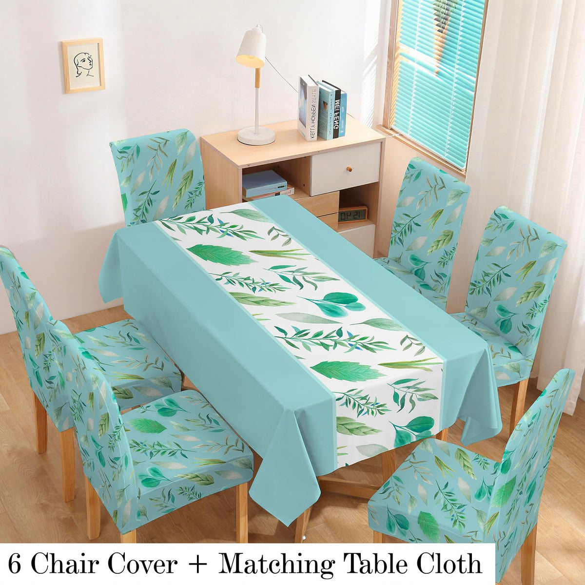Polyester Dining Chair Covers Set of 4/6 with Matching Tablecloth, Varied Leaves Rhine Blue