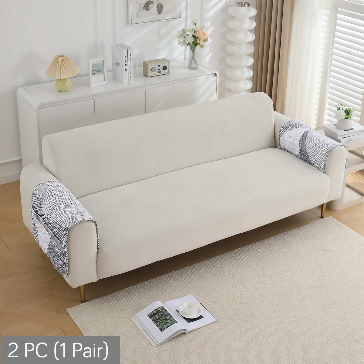 Water Repellent + Waterproof Quilted Sofa Mats, Snow White Black Geometry