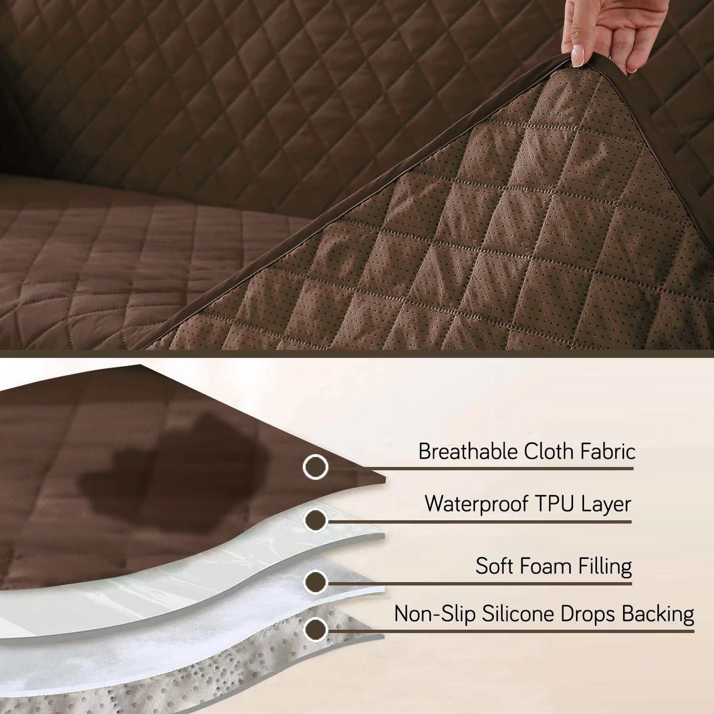 Quilted Waterproof Sofa Cover Mat with Pockets on Armrest Cover - Brown