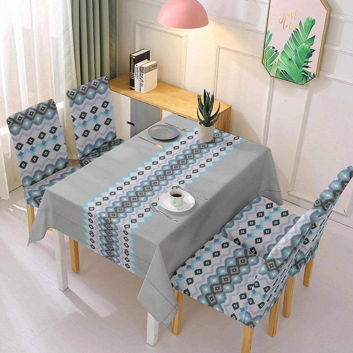 Fossil Grey Printed Dining Set Cover | 4/6 Seater