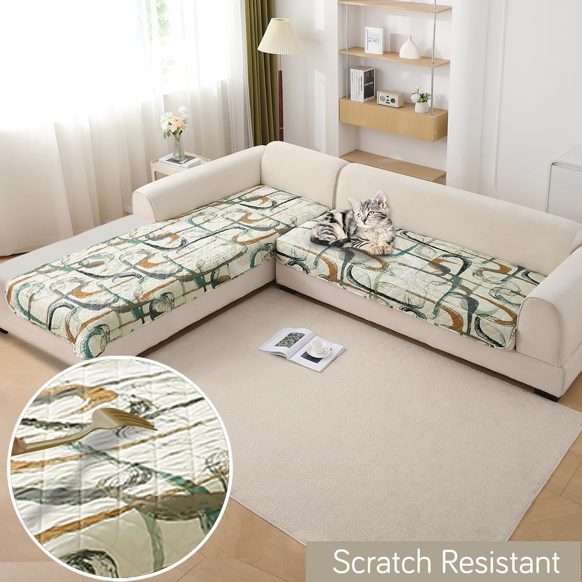 Waterproof Printed Quilted Quick Dry L Shape Sofa Seat Cover Mat, Parchement Beige Abstract Art