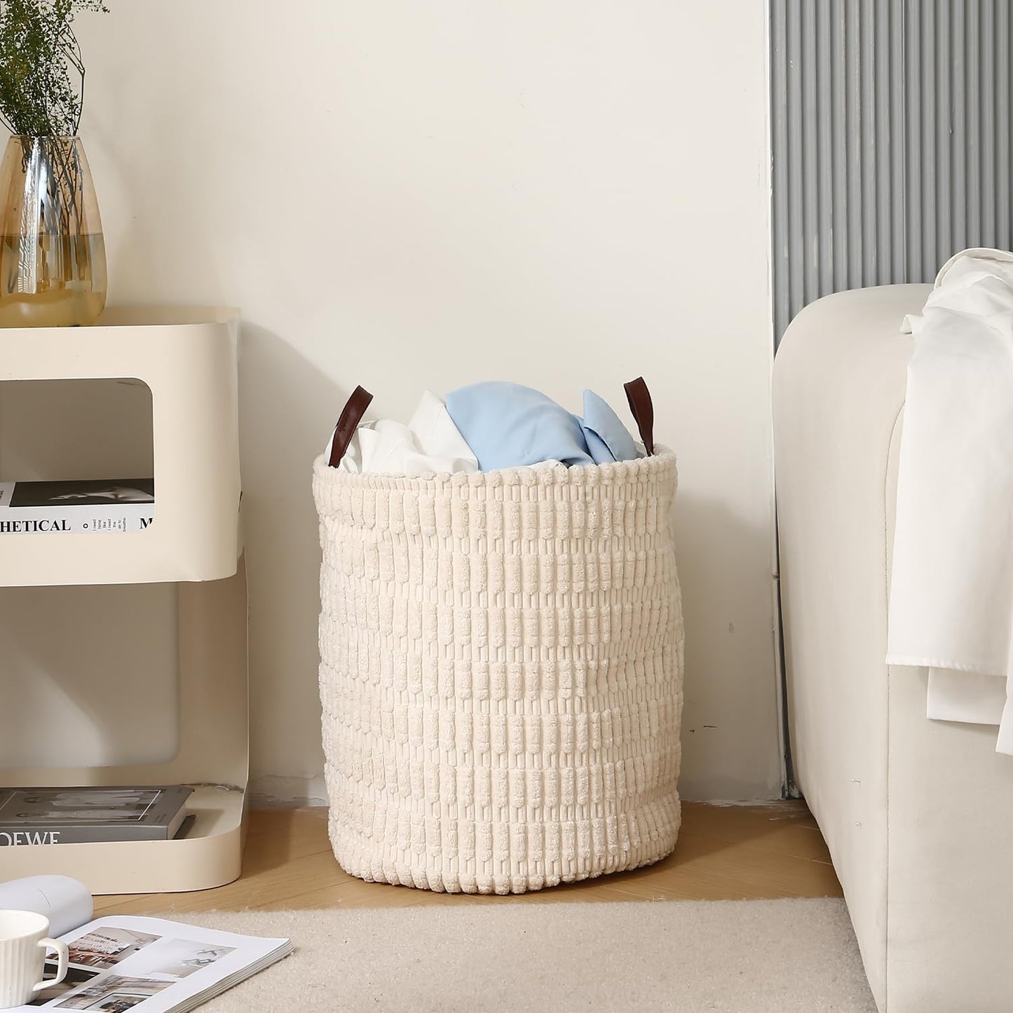 Folding Laundry Bag for Clothes Hamper Collapsible Storage Basket, Cream
