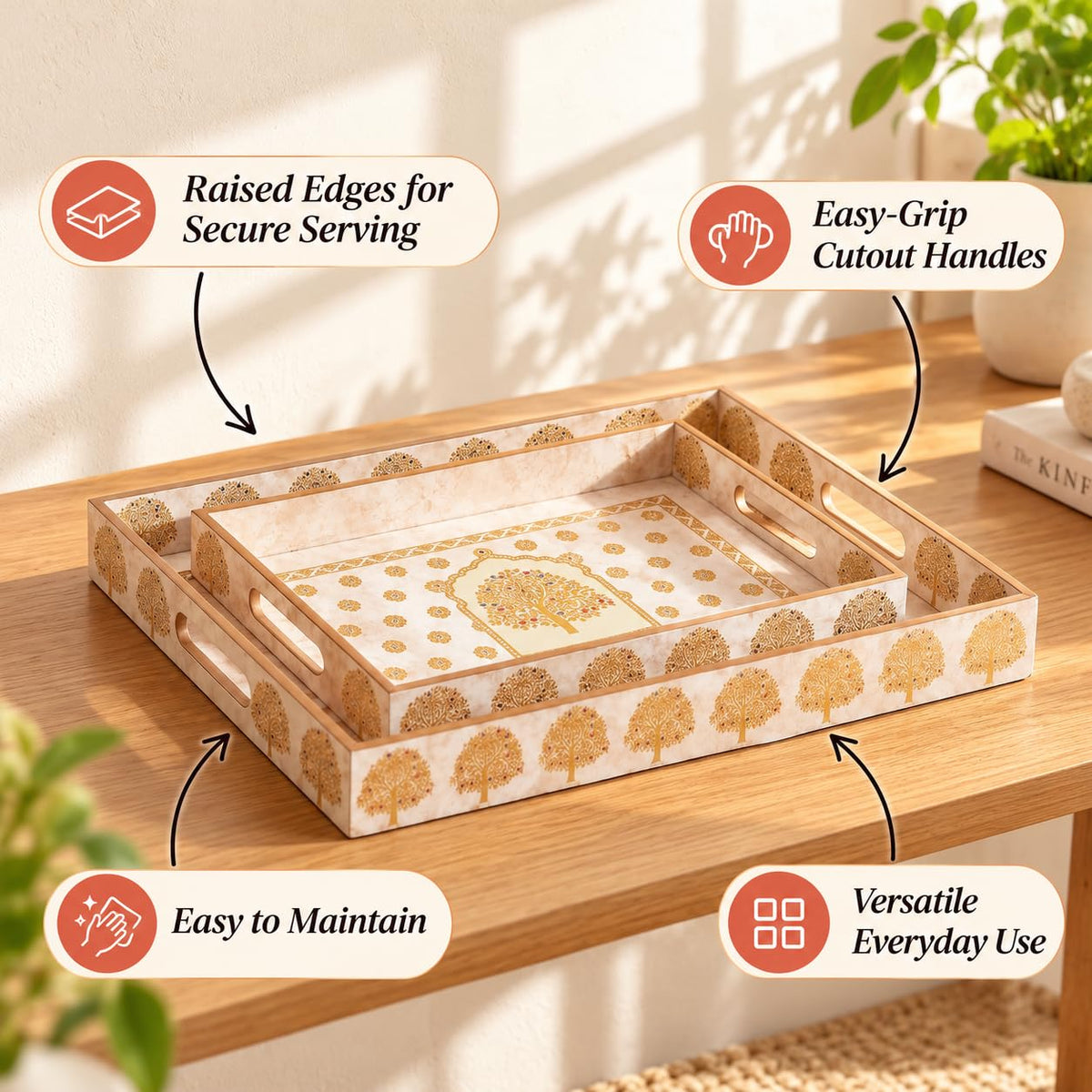 HOKIPO Serving Tray Set of 3, Engineered Wood, Indigo Flora - image 17