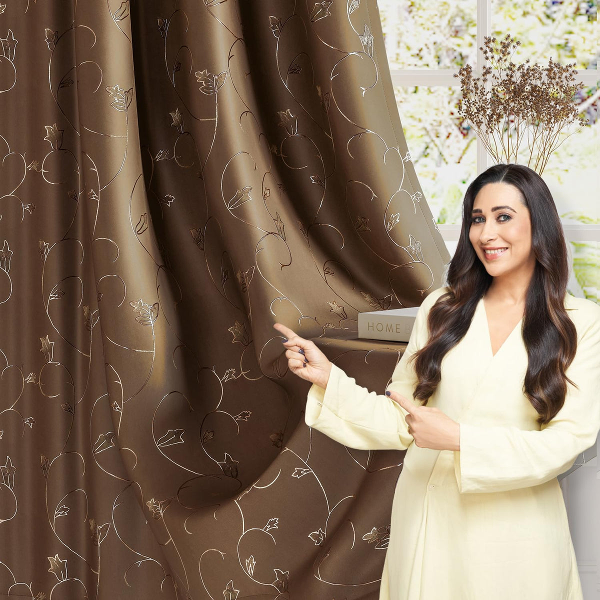 HOKIPO Golden Vine Eyelet Curtains, 7 Feet Long - Mocha Brown