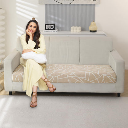 140 GSM Stretchable Printed Elastic Sofa Cushion Seat Cover for 1 /2 /3 Seaters / Pieces for Sofa, Beige Abstract Geometry
