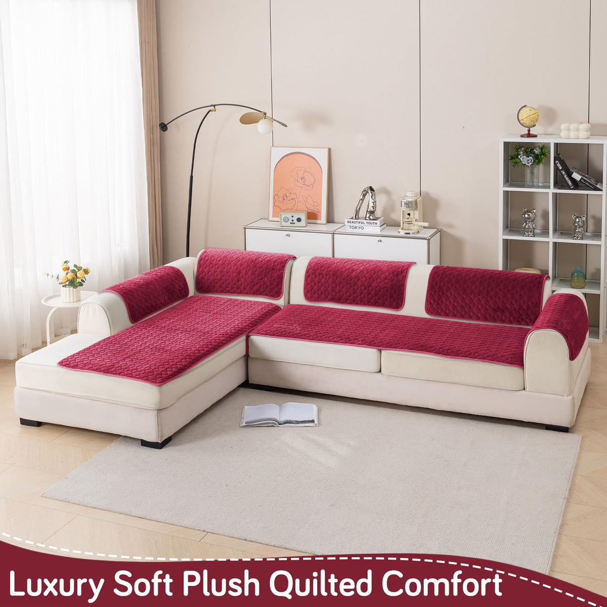Diamond Plush Premium Quilted L Shape Sofa Cover Seat Mat, Wine
