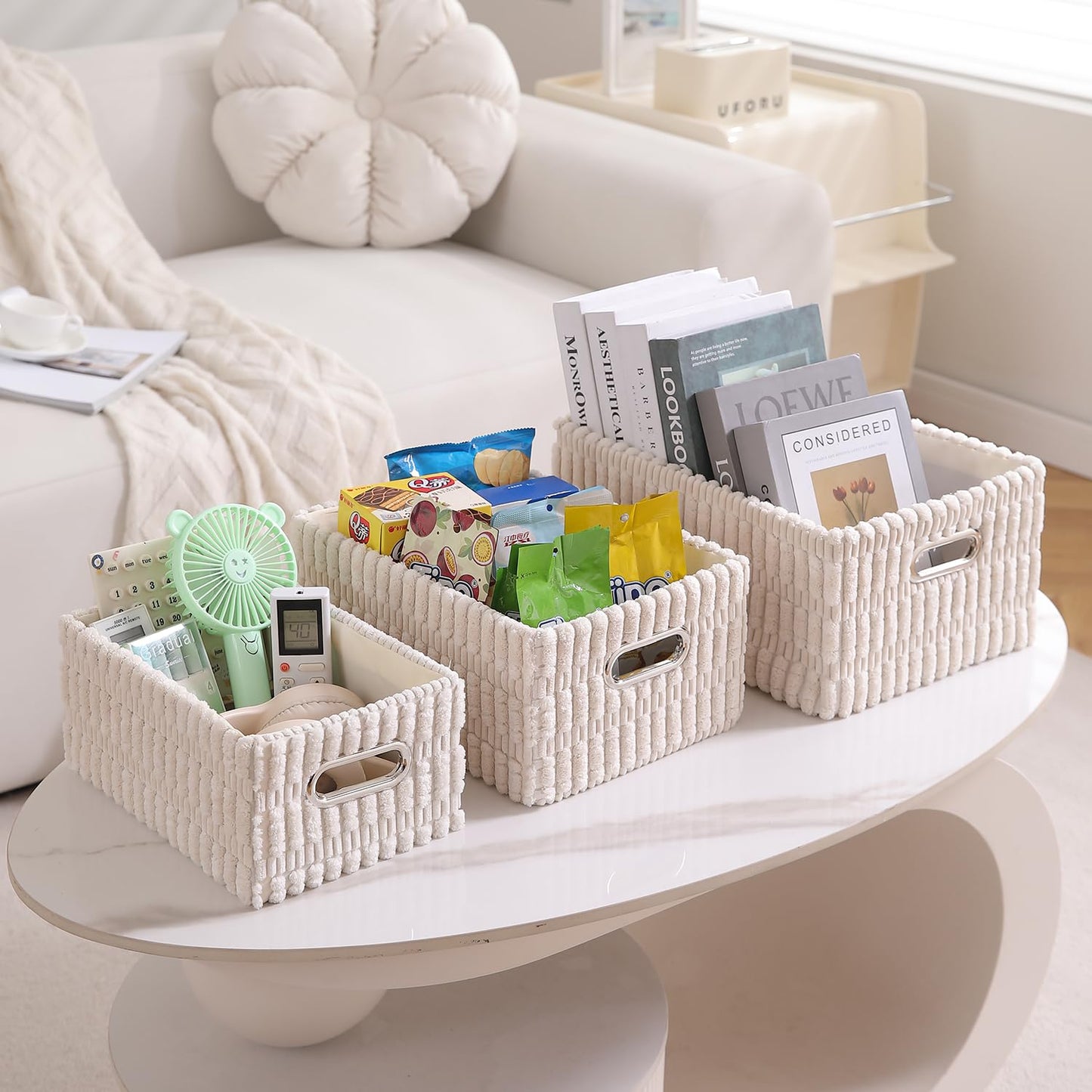 Plush Storage Organizer Baskets for Storage, Set of 3, Cream