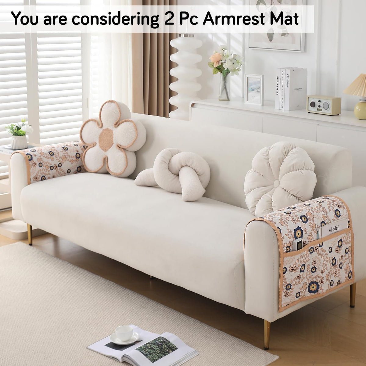 'Homehues' Printed Quilted Sofa Cover Mats,Light Peach Candytuft