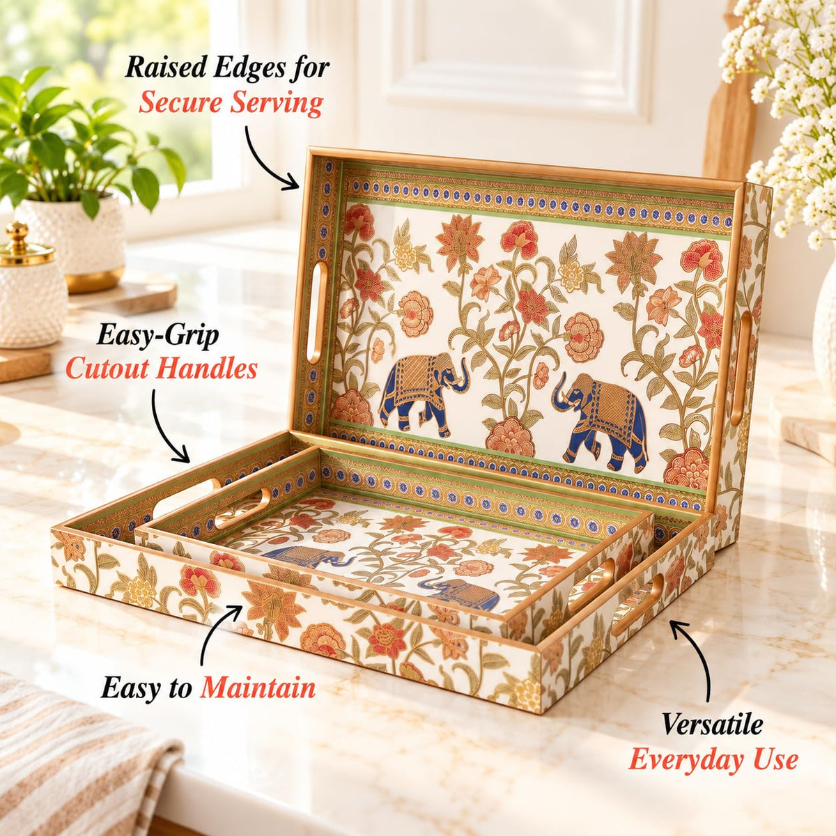 HOKIPO Serving Tray Set of 3, Engineered Wood, Royal Gulistaan - image 8
