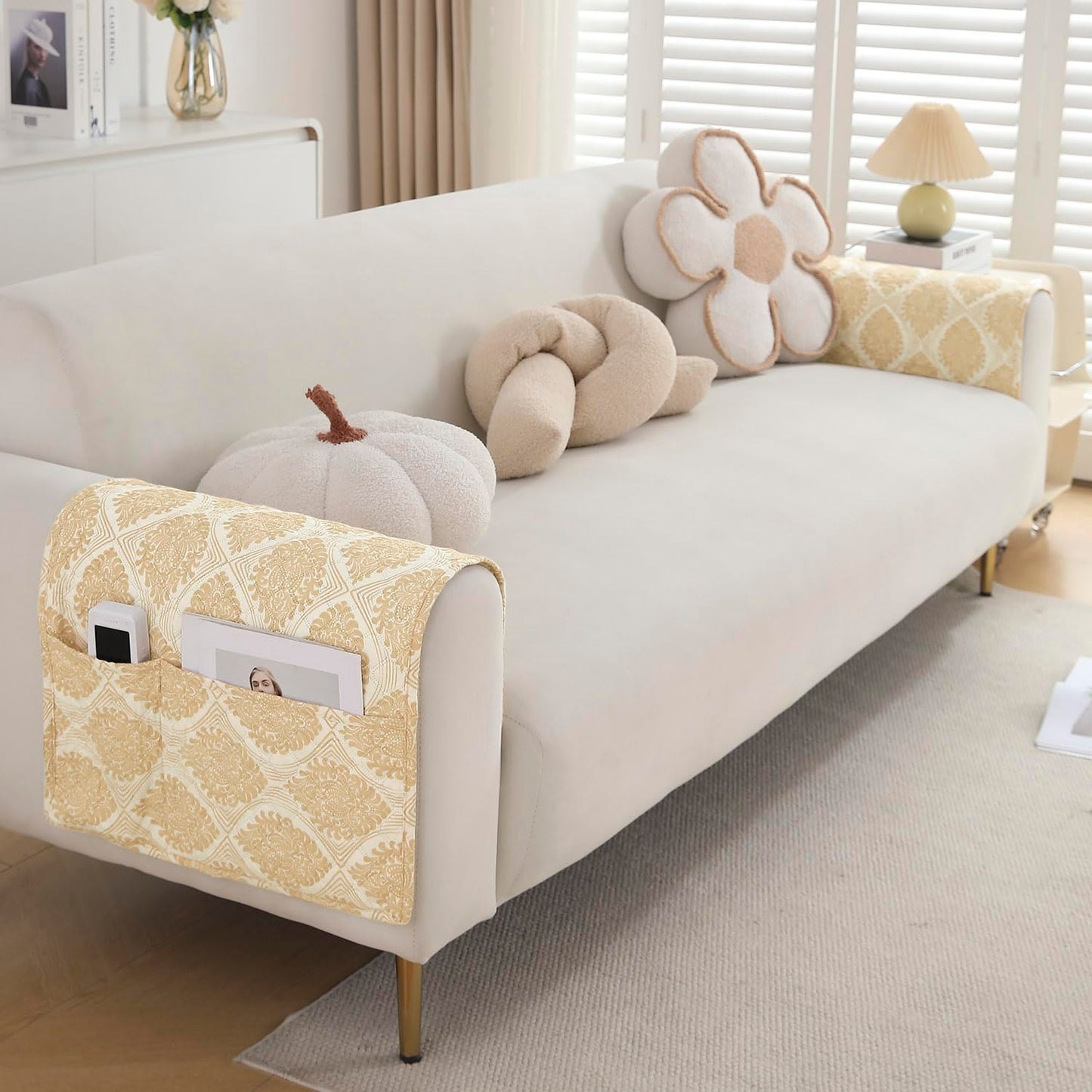 Polyester Printed Quilted Sofa Cover Mats, Ogee Ivory