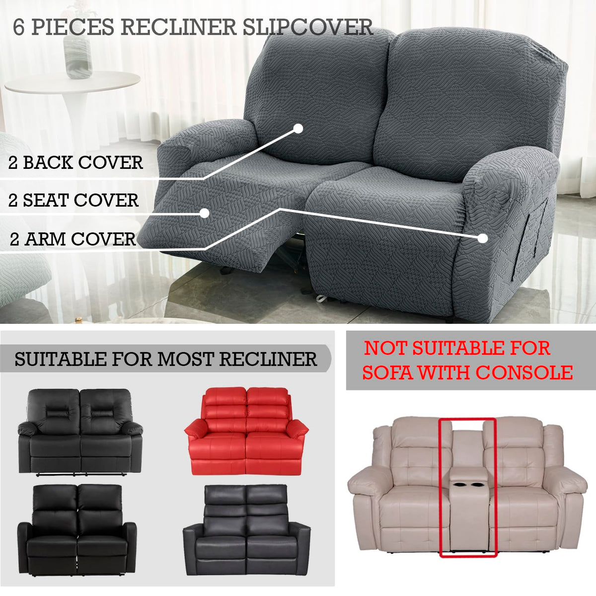 Buy Dark Grey Colour Jacquard 6 Pieces Recliner Slipcover | HOKIPO