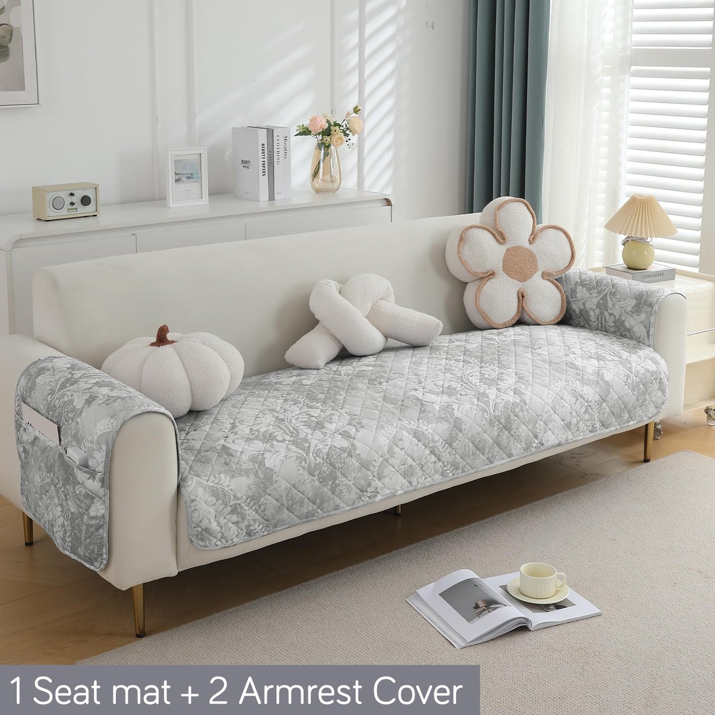 HOKIPO Quilted Waterproof Sofa Seat Mat with 2 Armrest Covers with Pockets, Motifs Cloud Grey
