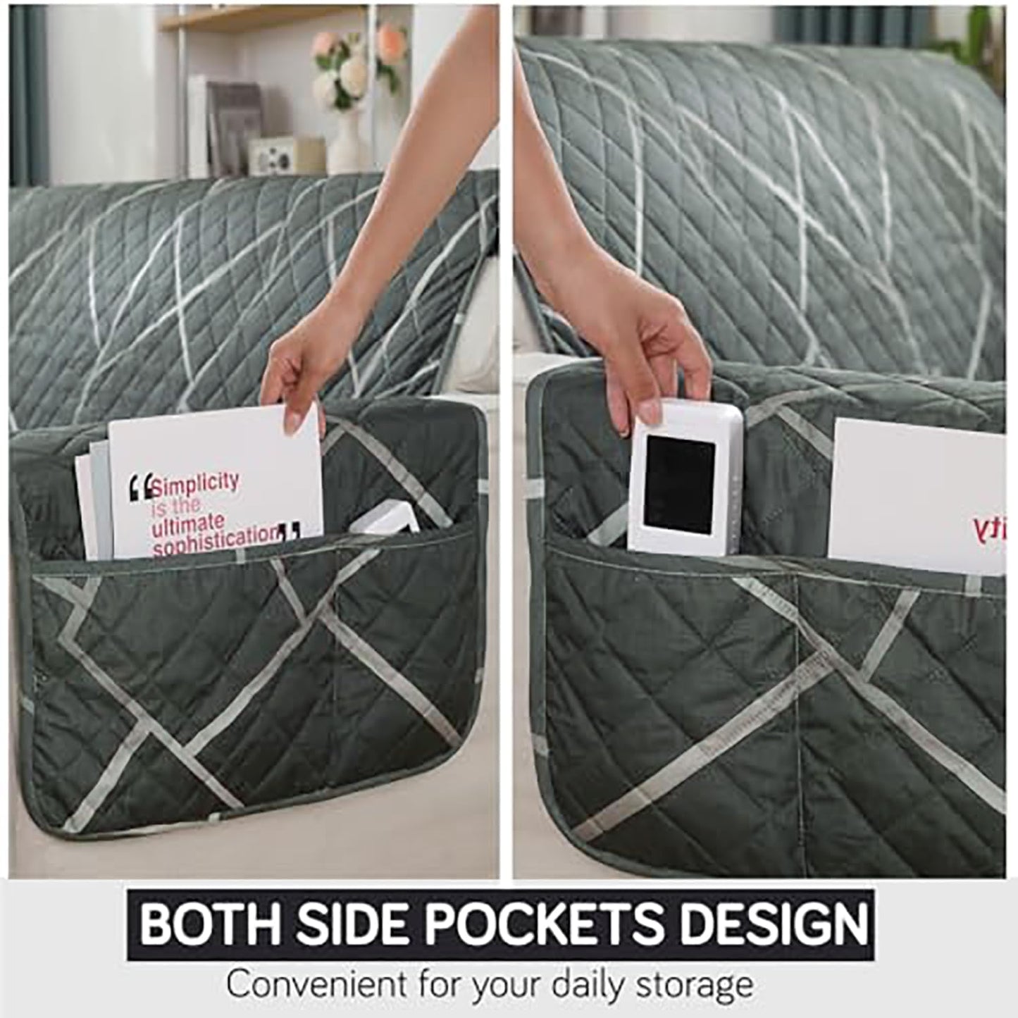 Abstract Geometric Shadow Grey print Single seater Quilted Waterproof Sofa cover - Non Slip with Side Pockets | Hokipo