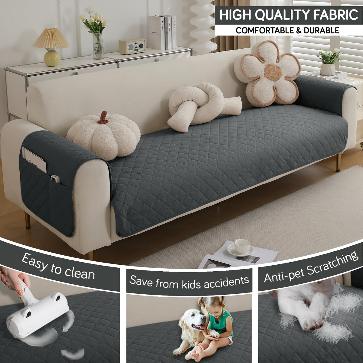 Quilted Waterproof Sofa Seat Mat for 1/2/3 Seater Sofa with 2 Armrest Covers with Pockets, Grey