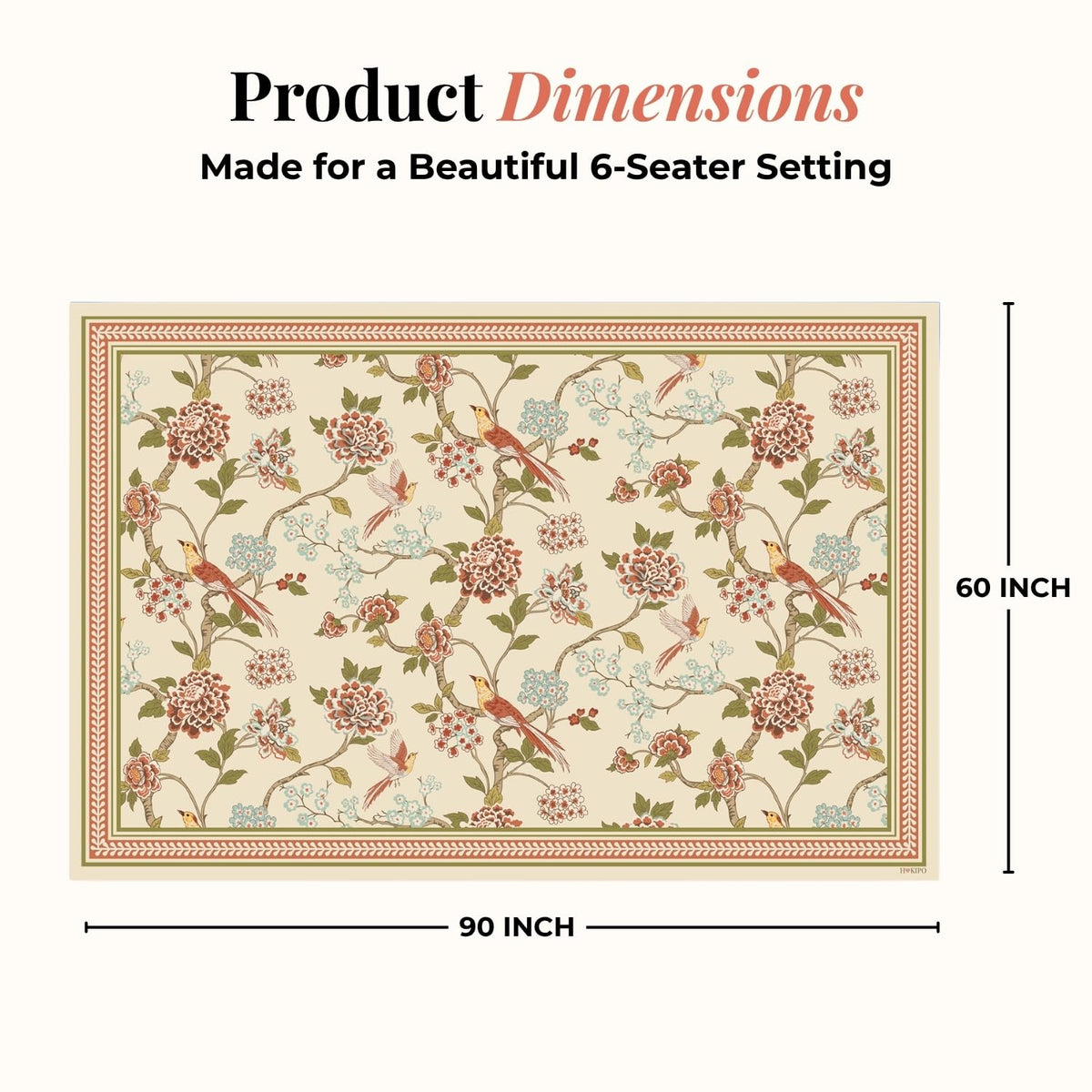 HOKIPO Bird Print 6 Seater Table Cover Cloth, Cream - image 5
