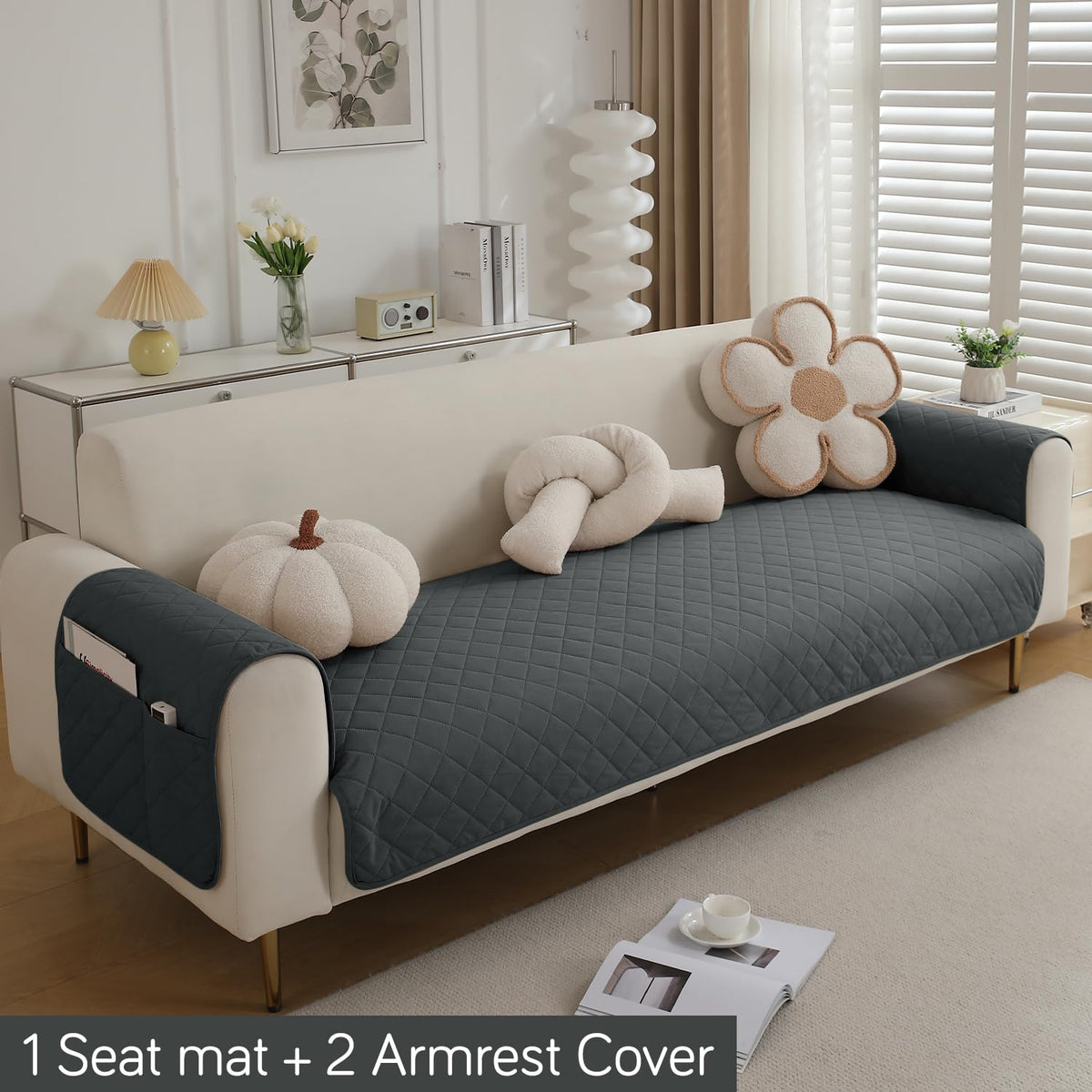 Quilted Waterproof Sofa Seat Mat for 1/2/3 Seater Sofa with 2 Armrest Covers with Pockets, Grey