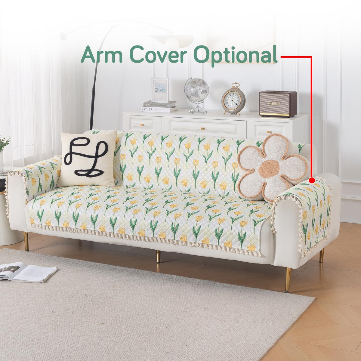 Quilted Sofa Cover 5-Seater Sofa Cover (3+1+1), Tassel Twigs | Tulip Blossom