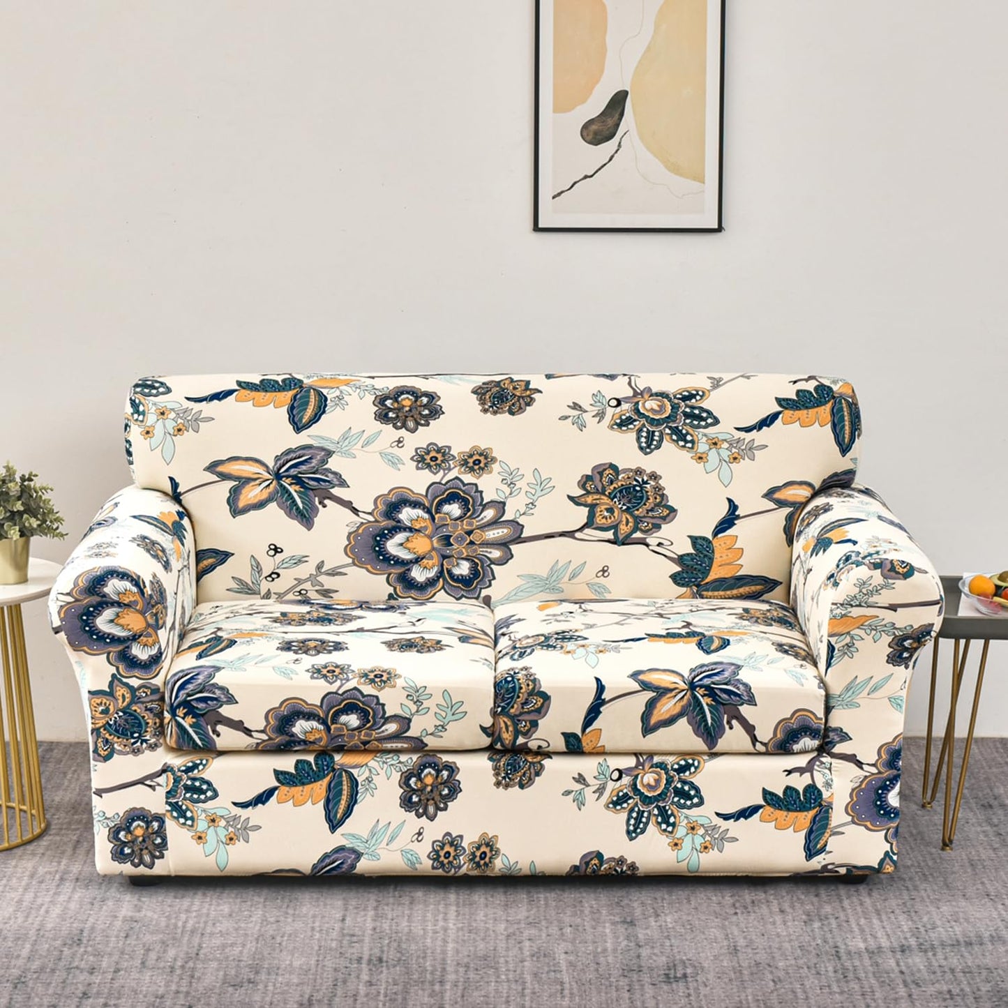 Printed Stretchable Sofa Slipcover with 1/2/3 Pc Separate Seat Cushion Cover for each 1/2/3 Seater, Cream Majestic Flora