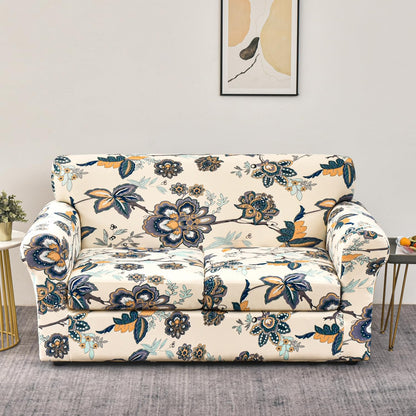 Printed Stretchable Sofa Slipcover with 1/2/3 Pc Separate Seat Cushion Cover for each 1/2/3 Seater, Cream Majestic Flora