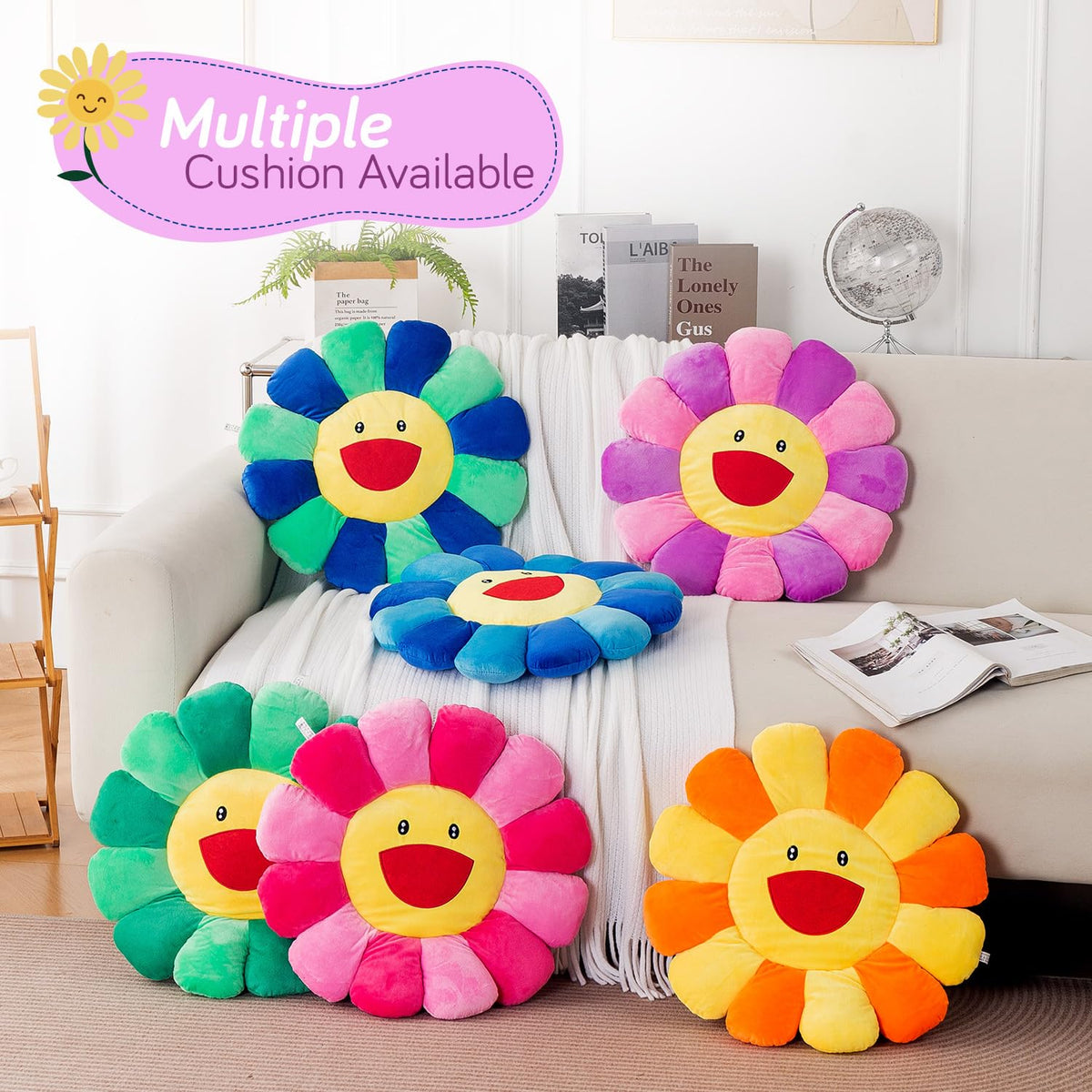 HOKIPO Smiley Sunflower Cushion for Sofa & Bed, 45 cm, Purple