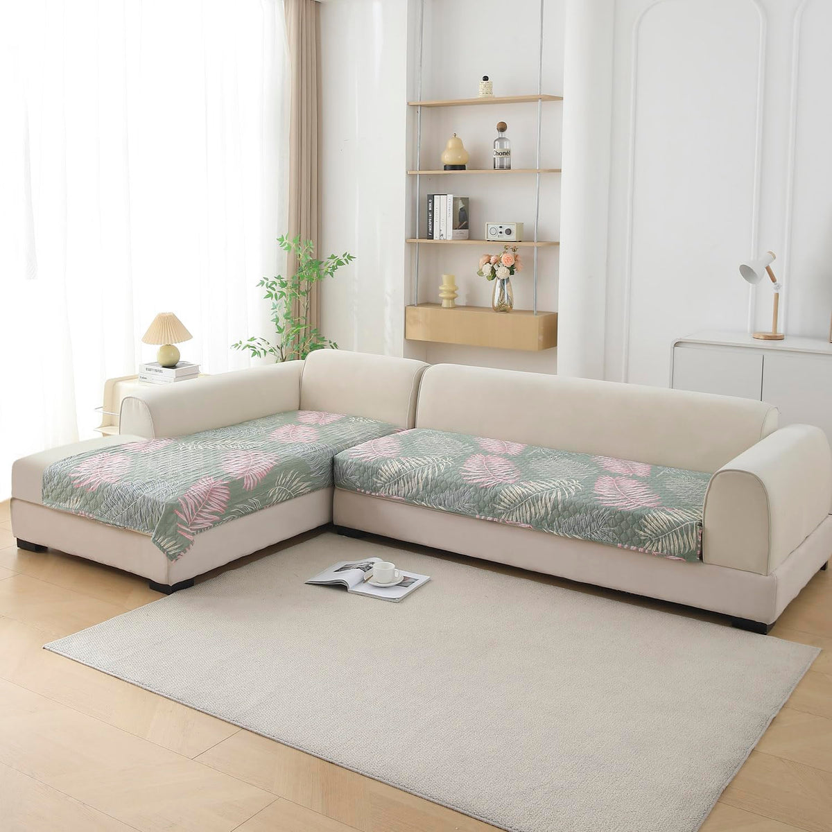 L Shape Sofa Cover Mat for 2+2/3+2/3+3 Seater, Quilted Printed Tropical Leaves Pastel Green