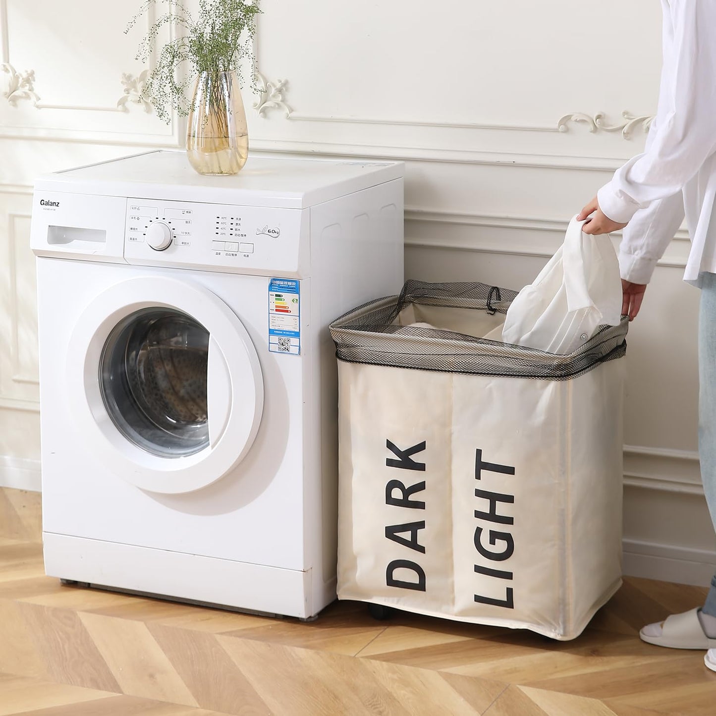 Large Laundry Basket Foldable Hamper With Wheels, Cream