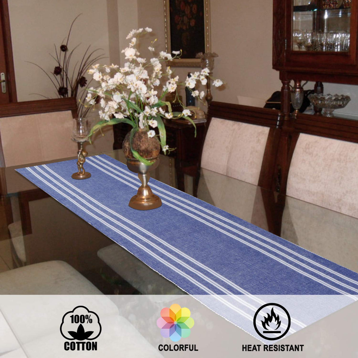 Buy Blue Colour Heat Resistant Eco-friendly Cotton Ribbed Table Runner | HOKIPO