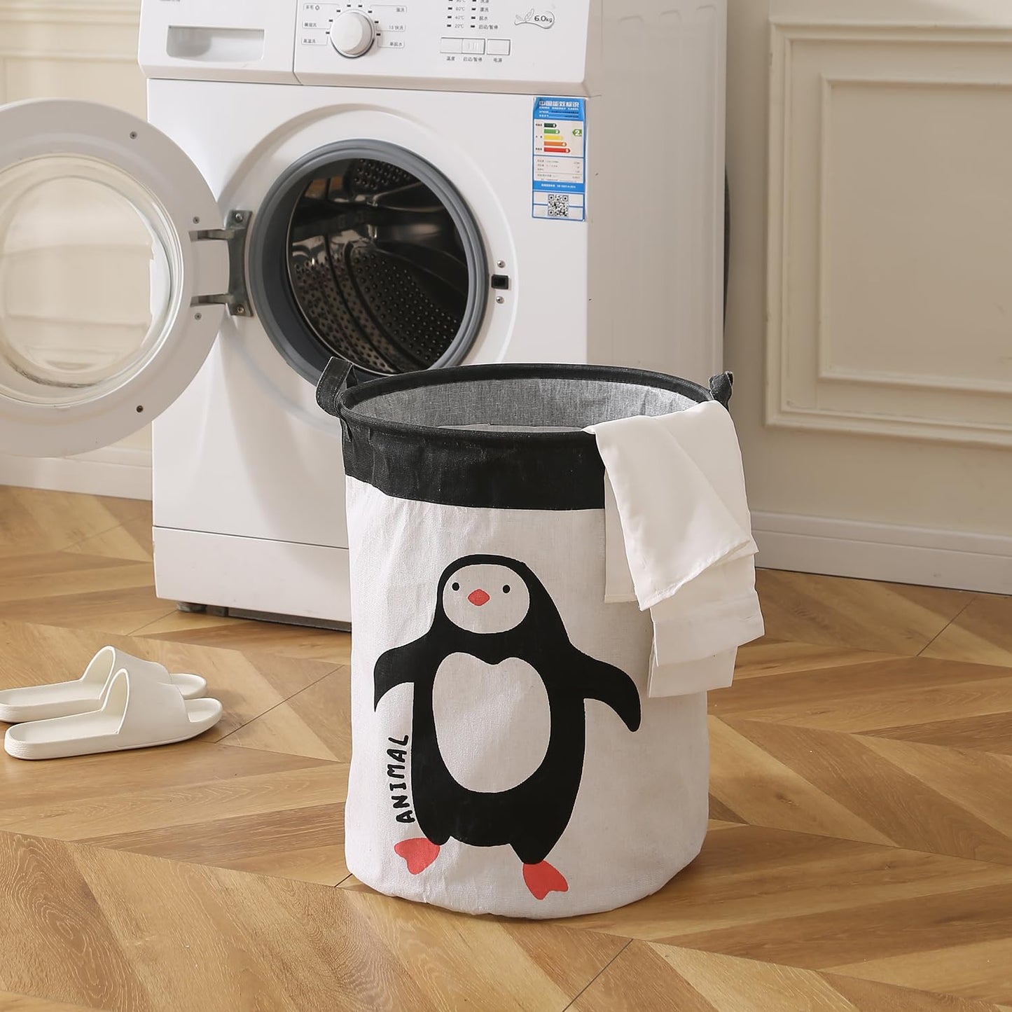 Kids Laundry Basket for Clothes, Toy Storage Bag, Penguin