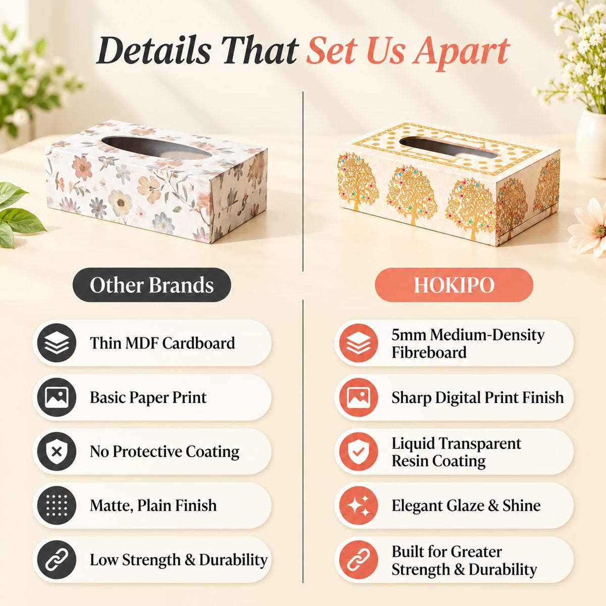 HOKIPO Tissue Box Holder, Rectangle, Engineered Wood, Swarna Vriksha - image 3